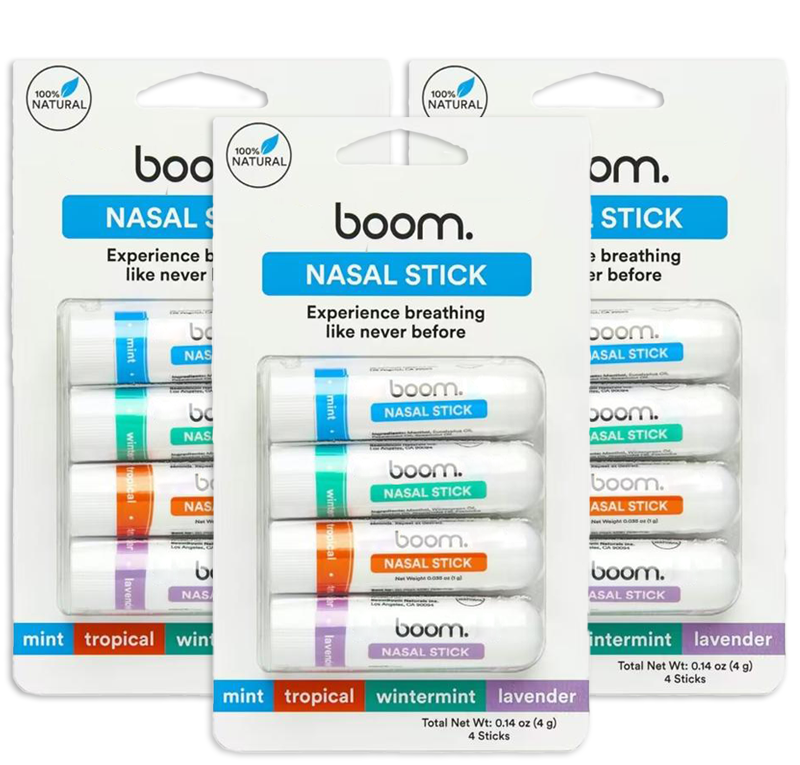 BoomBoom Nasal Stick (4 Pack) | Boosts Focus + Enhances Breathing | Provides Fresh Cooling Sensation | Aromatherapy Inhaler Made with Essential Oils + Menthol (Mint, Wintermint, Tropical, Lavender)