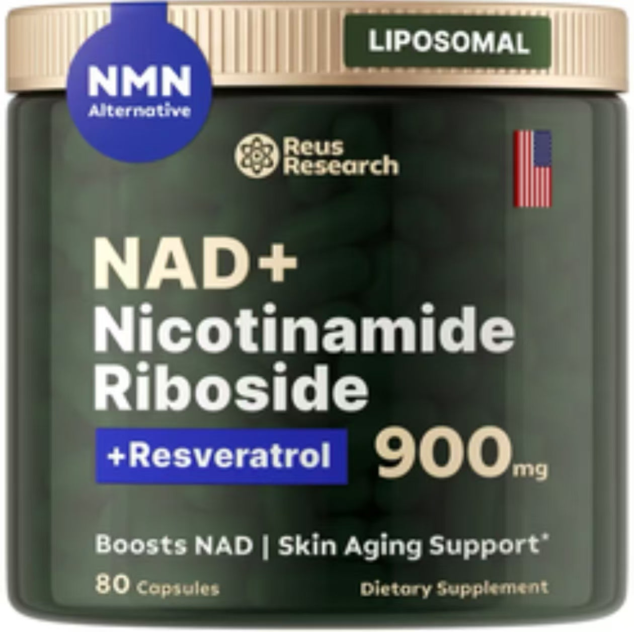 Reus Research NR900-NAD+Supplement for Skin Aging Support, Energy, and Focus - 80 Count - Vitamin Healthcare Fitness