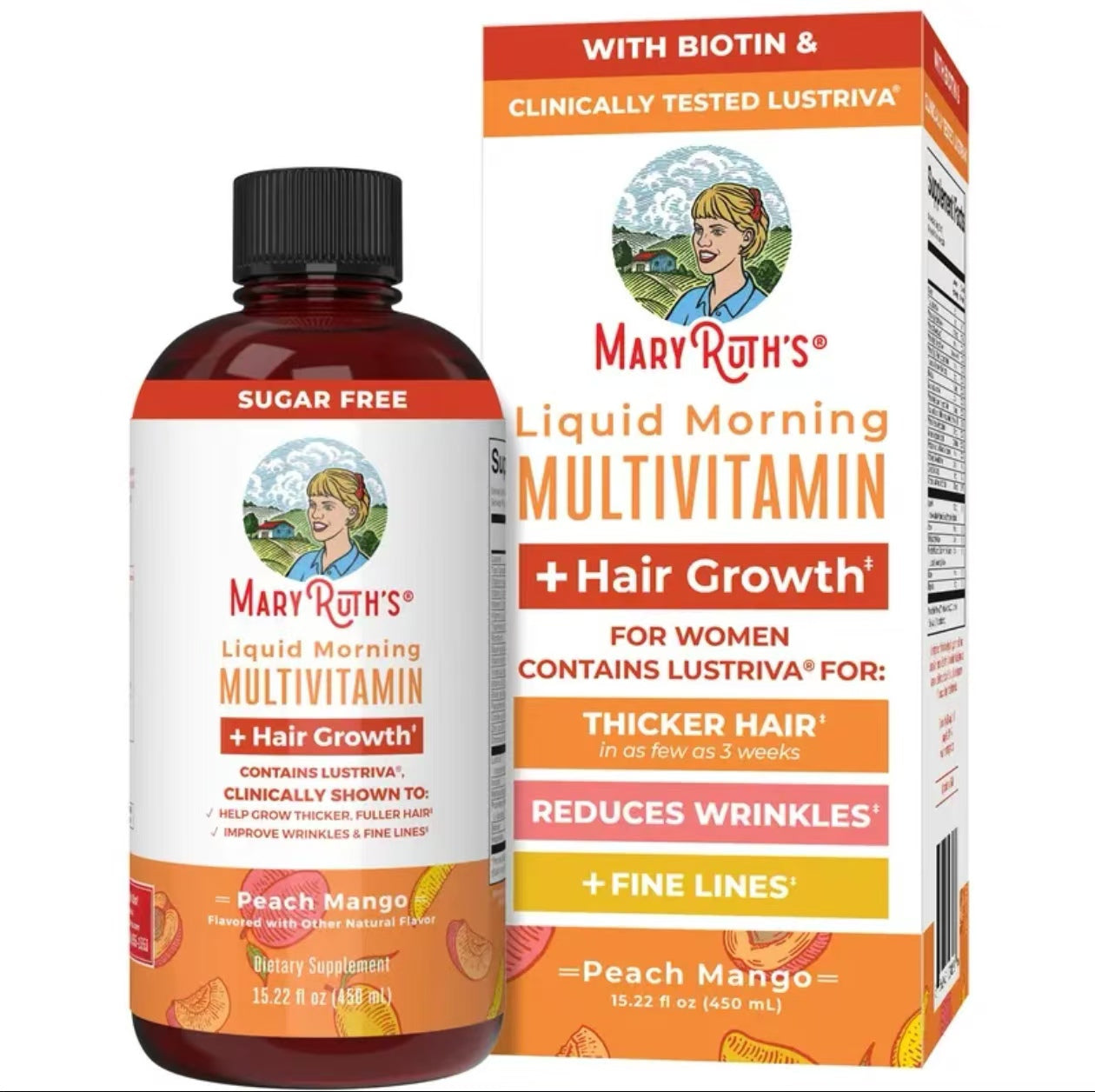 MaryRuth's Liquid Multivitamin + Lustriva® Hair Growth | Biotin 10000mcg | Vitamin D | B Vitamins | Clinically Tested for Thicker Hair, Wrinkles, Fine Lines, Skin Care | Ages 18+ | 30 Fl Oz